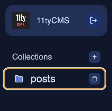 The 11tyCMS sidebar, with the "posts" collection menu item highlighted with a thick, vibrant orange border.