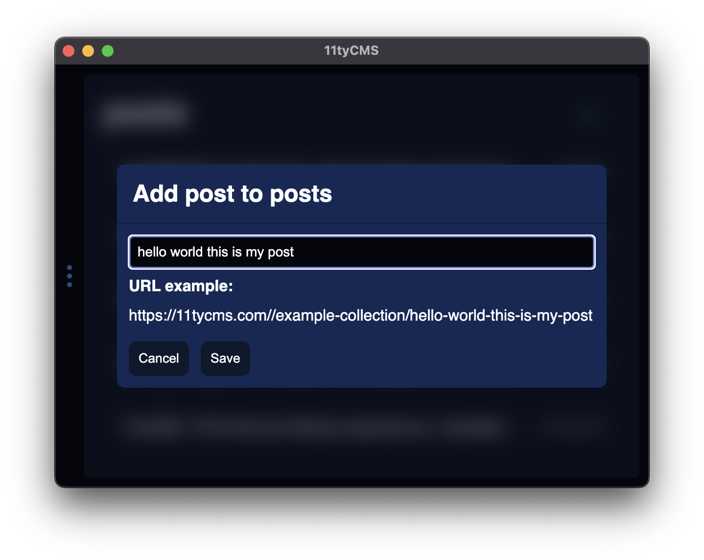 Screenshot of the 11tyCMS add file dialog. There's a text box with the text: "Hello world this is my post", with a label beneath it that hyphenates the text in the text box.